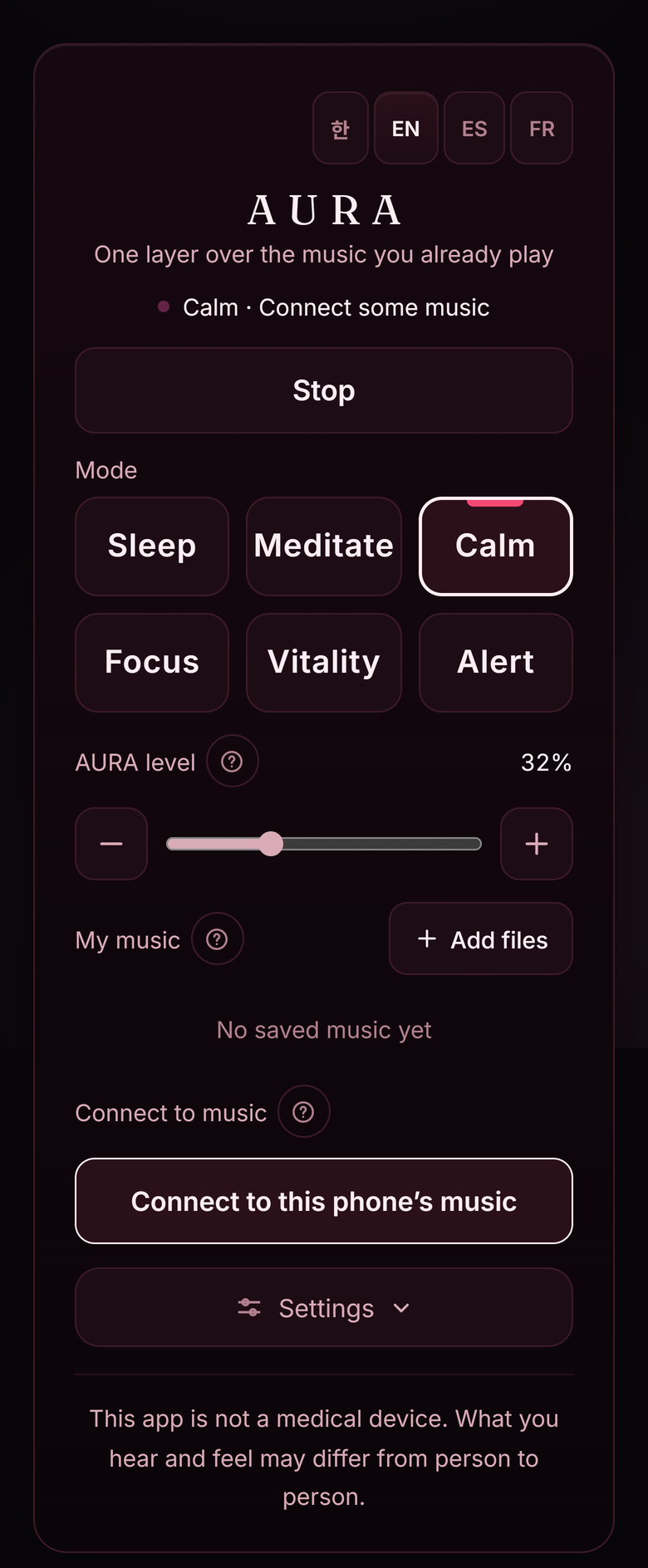 The AURA app running, showing six modes and a tone-level control.