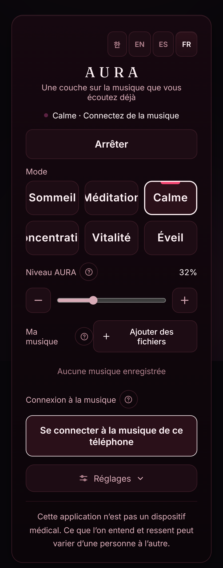 L’application AURA en fonctionnement, avec six modes et un réglage de niveau.